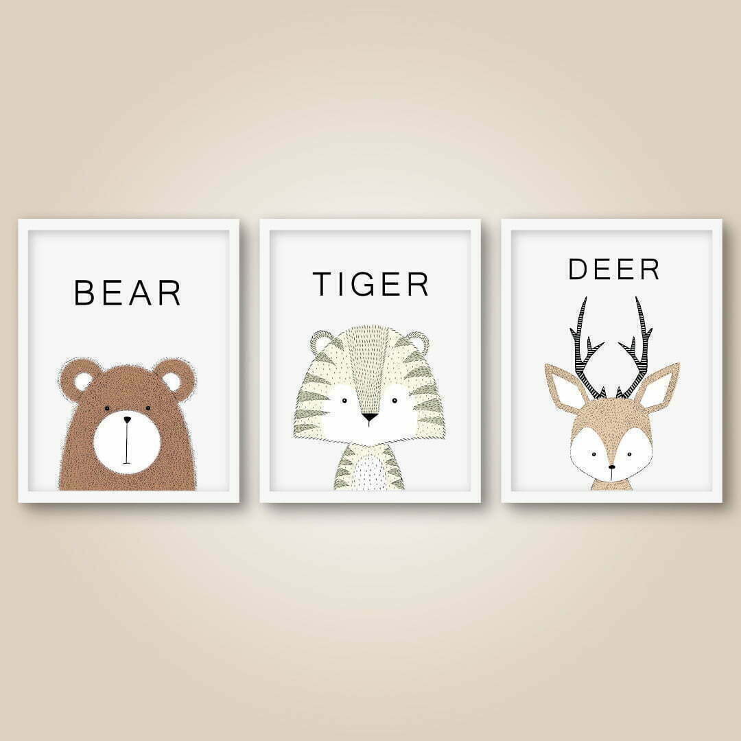 Bear Tiger Deer Drawing Baby and Kids Room Board Set - Bi Anne Atolyesi