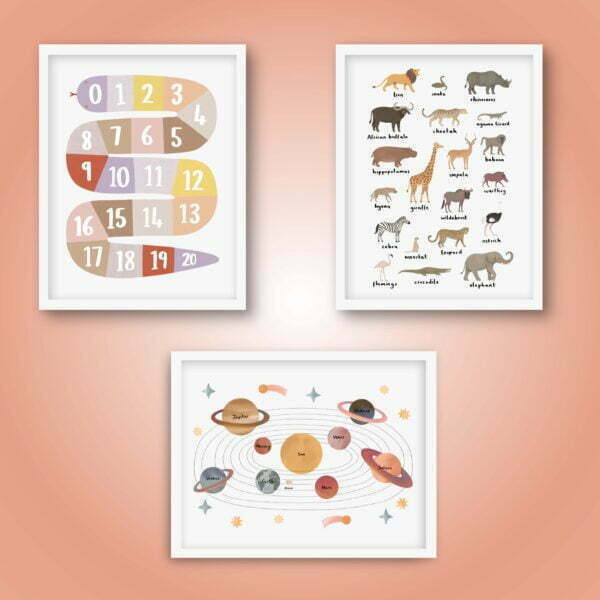 Animals and Planets Baby and Kids Room Wooden Frame Set